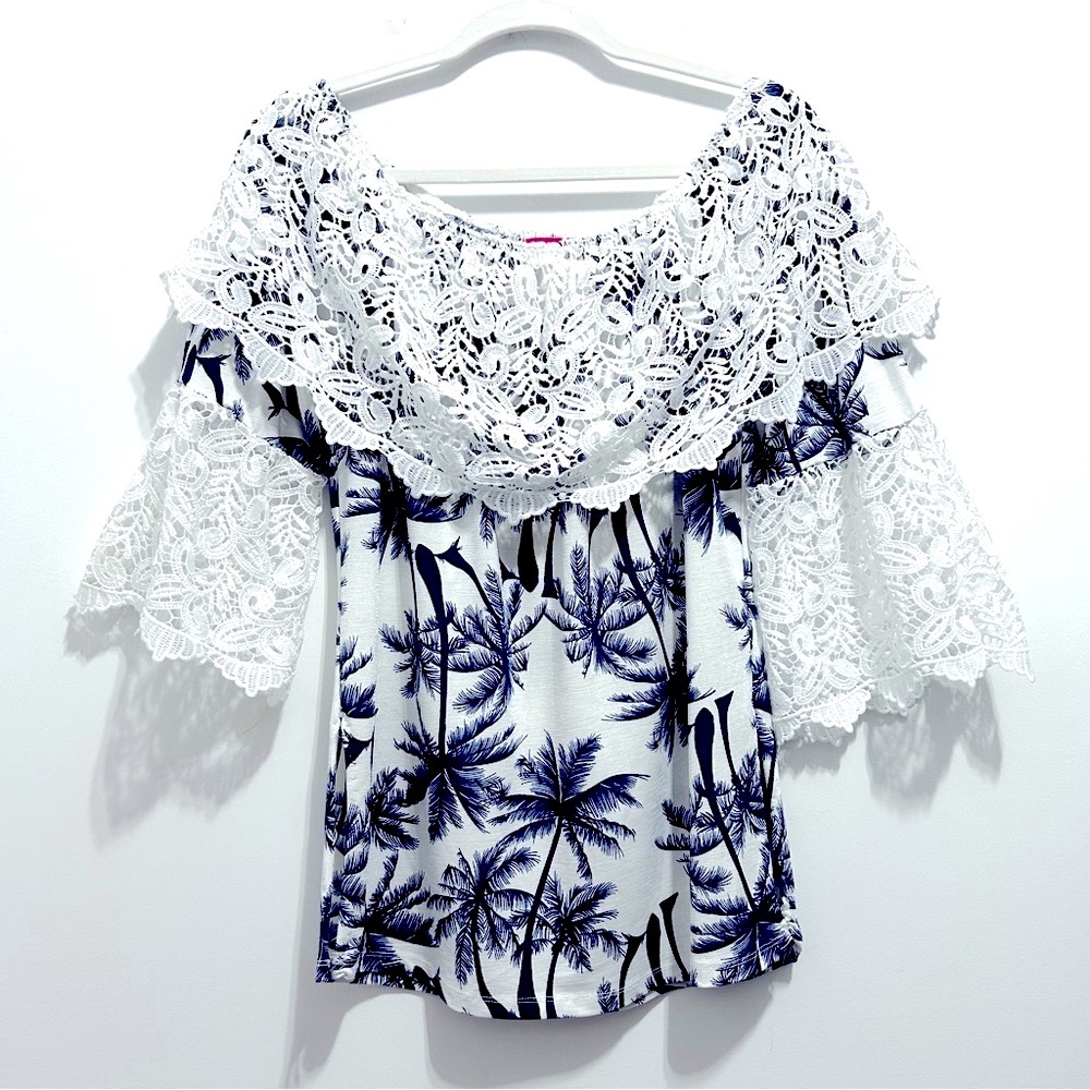 Women’s White Tropical Ruffled Palm Tree Lace Floral Crochet 3/4 Sleeve Top